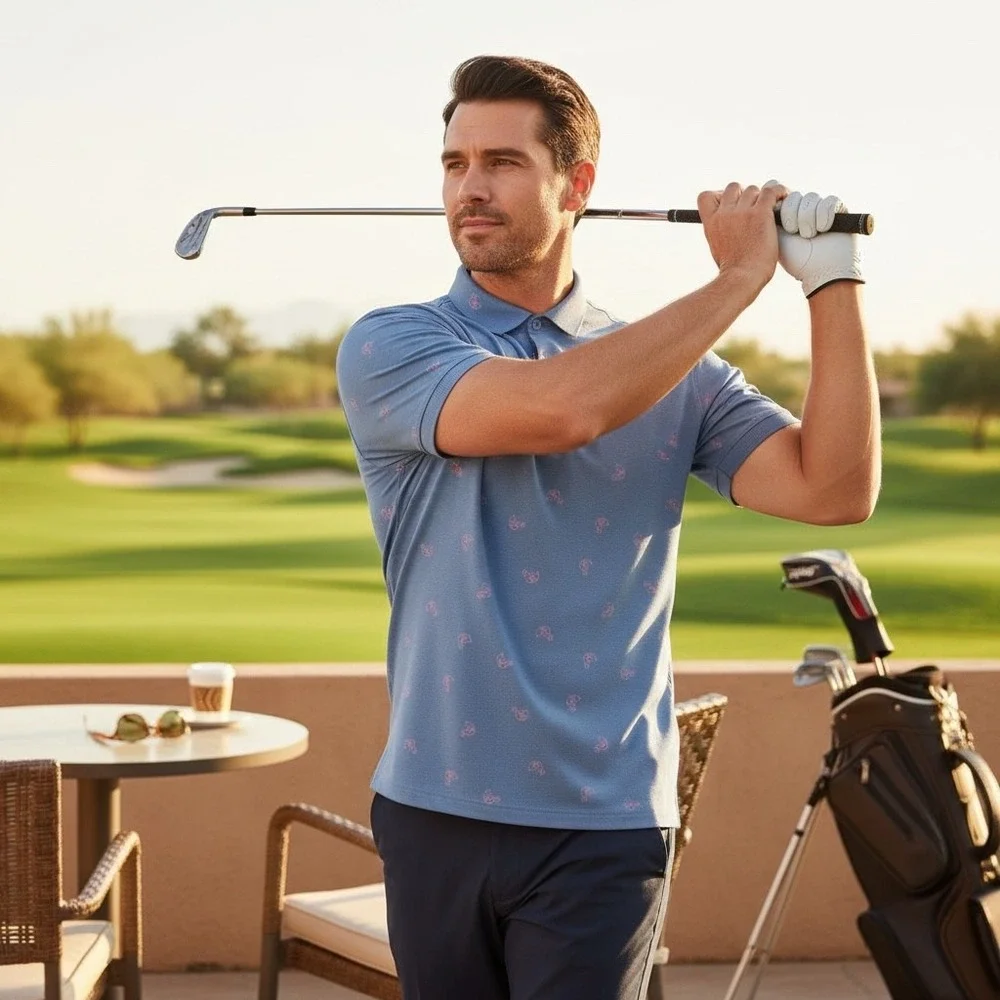 Johnnie-O Mens XXL Blue Flamingo Print Polo Papago Golf Club Prep-Formance Shirt